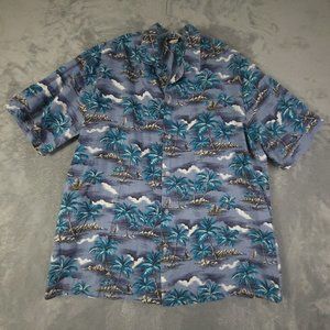 Vintage Evergreen‎ Island Mens Shirt Button Up Hawaiian Print Blue Pocket XL